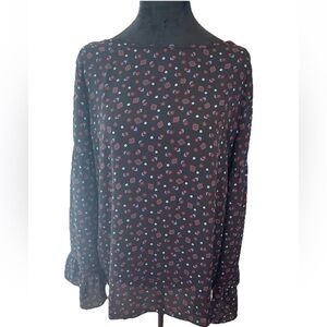LOFT ladies size large black floral geometric poly/rayon blouse bell‎ sleeves